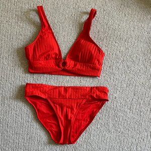 Aerie Ribbed Key-Hole Bikini, Size Small, Bright Red